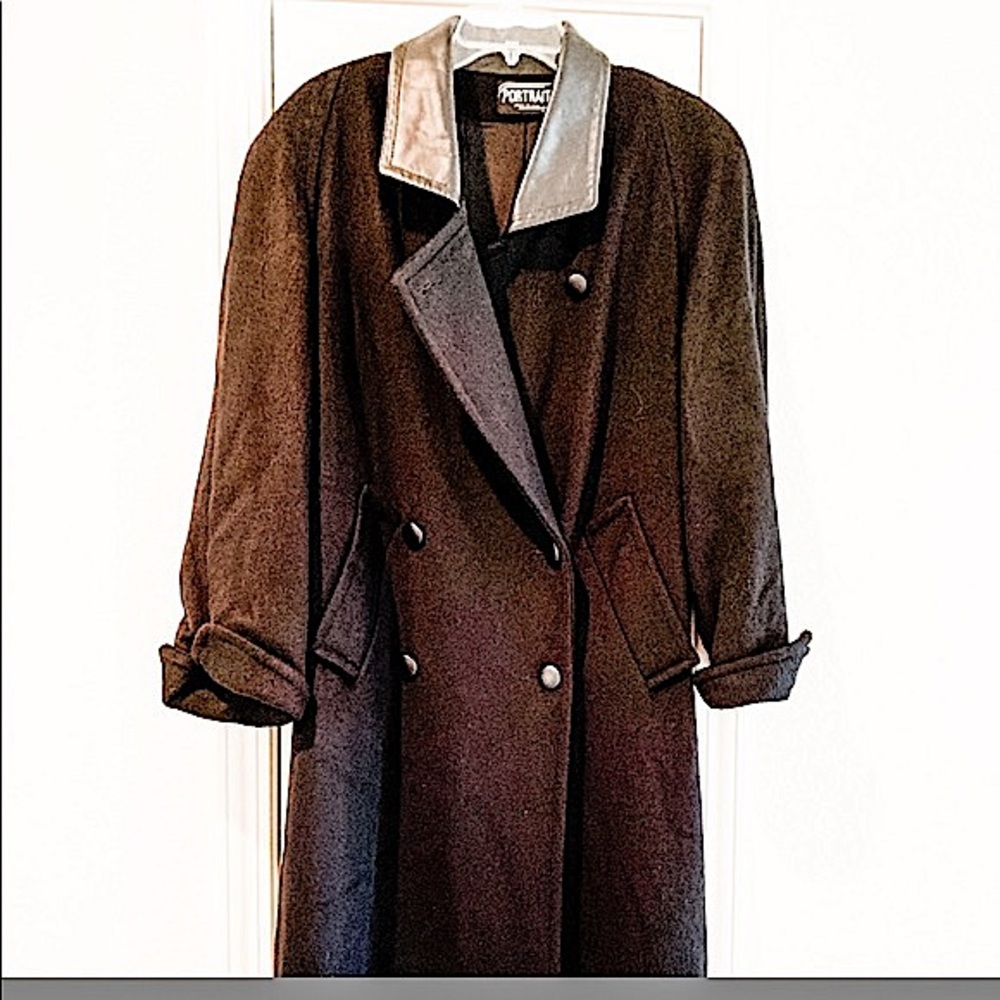 Portrait USA Black Wool Leather Y2K Collar Coat